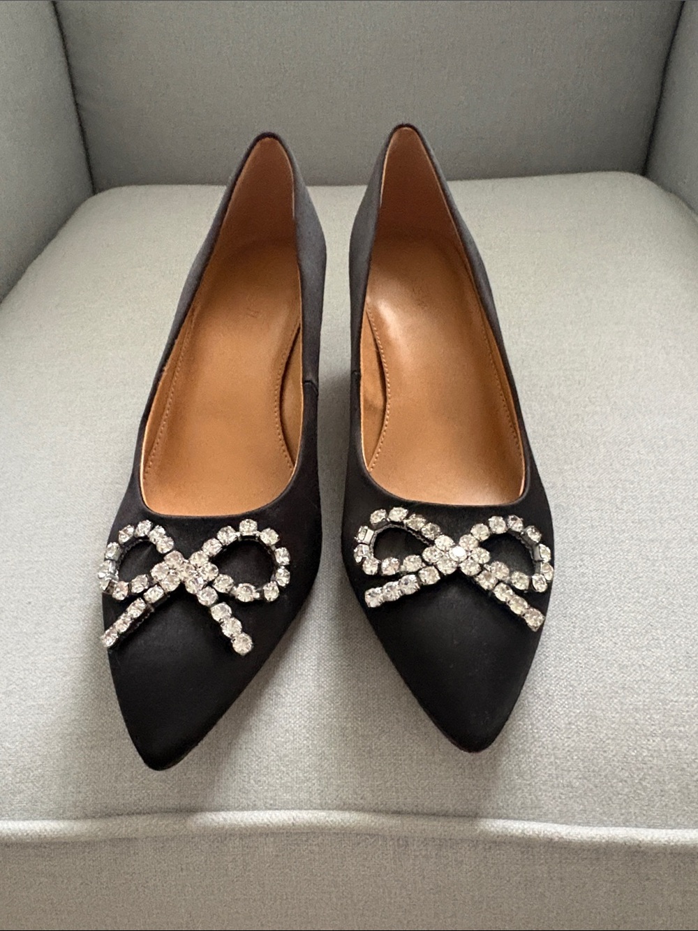 J. Crew Factory Black Satin Pointed Toe Heels with Crystal Bow
